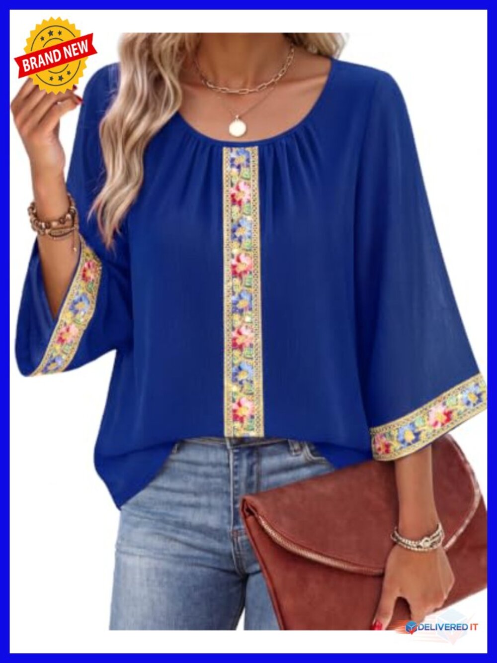 Embroidered 3/4 Bell Sleeve Chiffon Blouse Bohemian Vintage